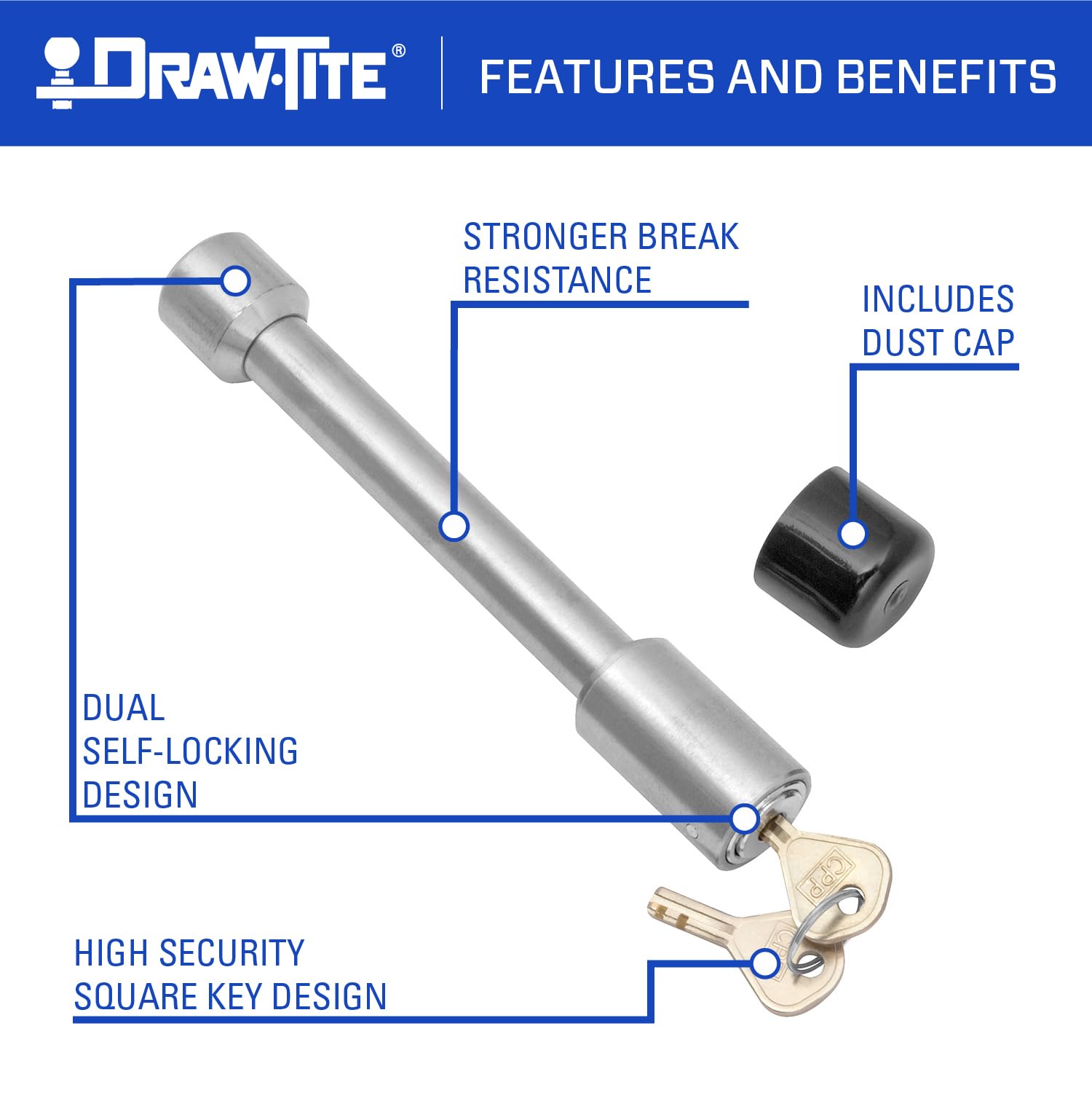 Trailer Hitch Lock Draw-Tite 580412, Fits 2-1/2 Inch Square Receiver, 5/8 Inch Pin Diameter, Dogbone Style, Stainless Steel