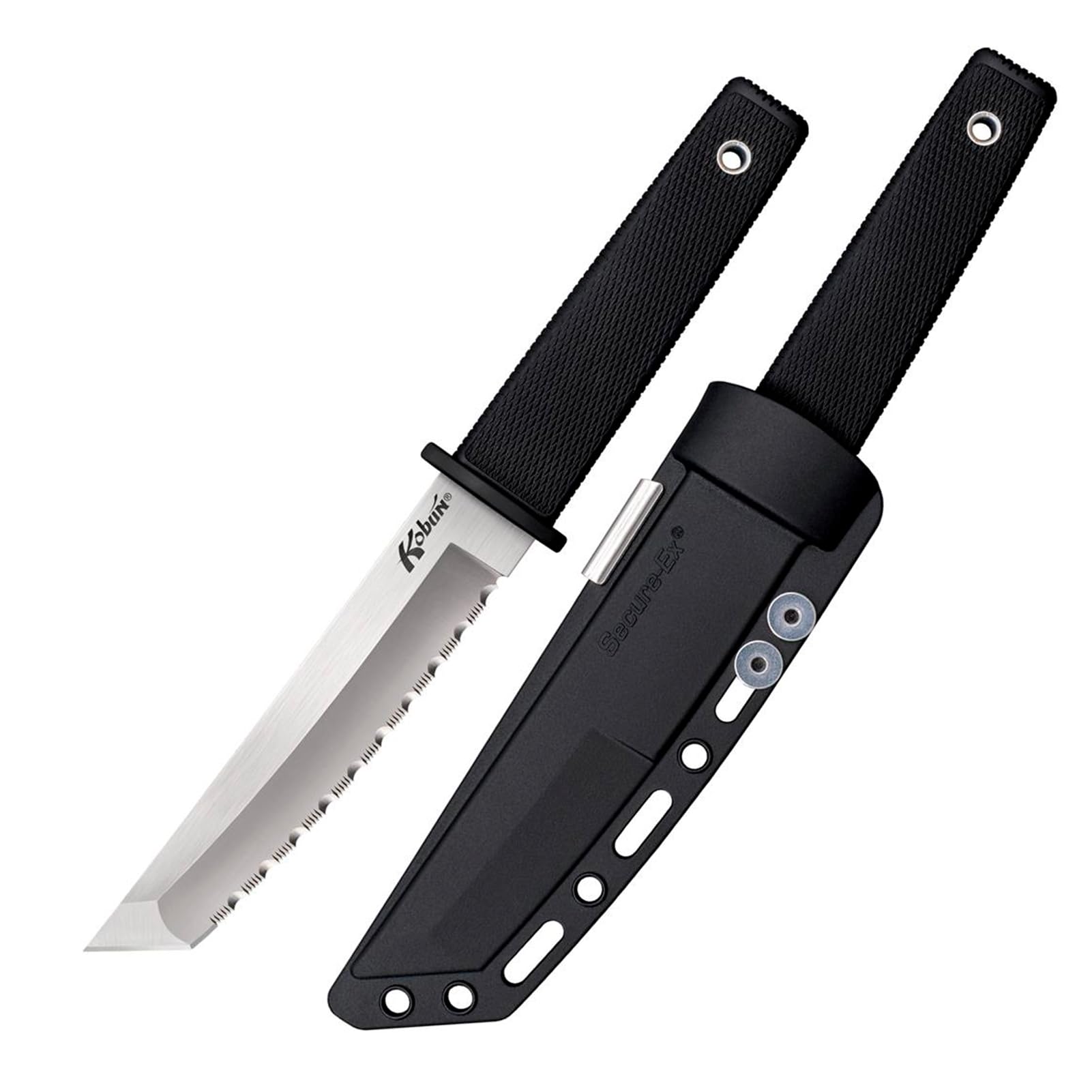 Cold Steel Serrated Kobun 5.5" Japanese AUS8A Stainless Steel American Tanto Shape Fixed Blade Tactical Hunting Knife, Ergonomic Kray-Ex Handle, Secure-Ex Sheath
