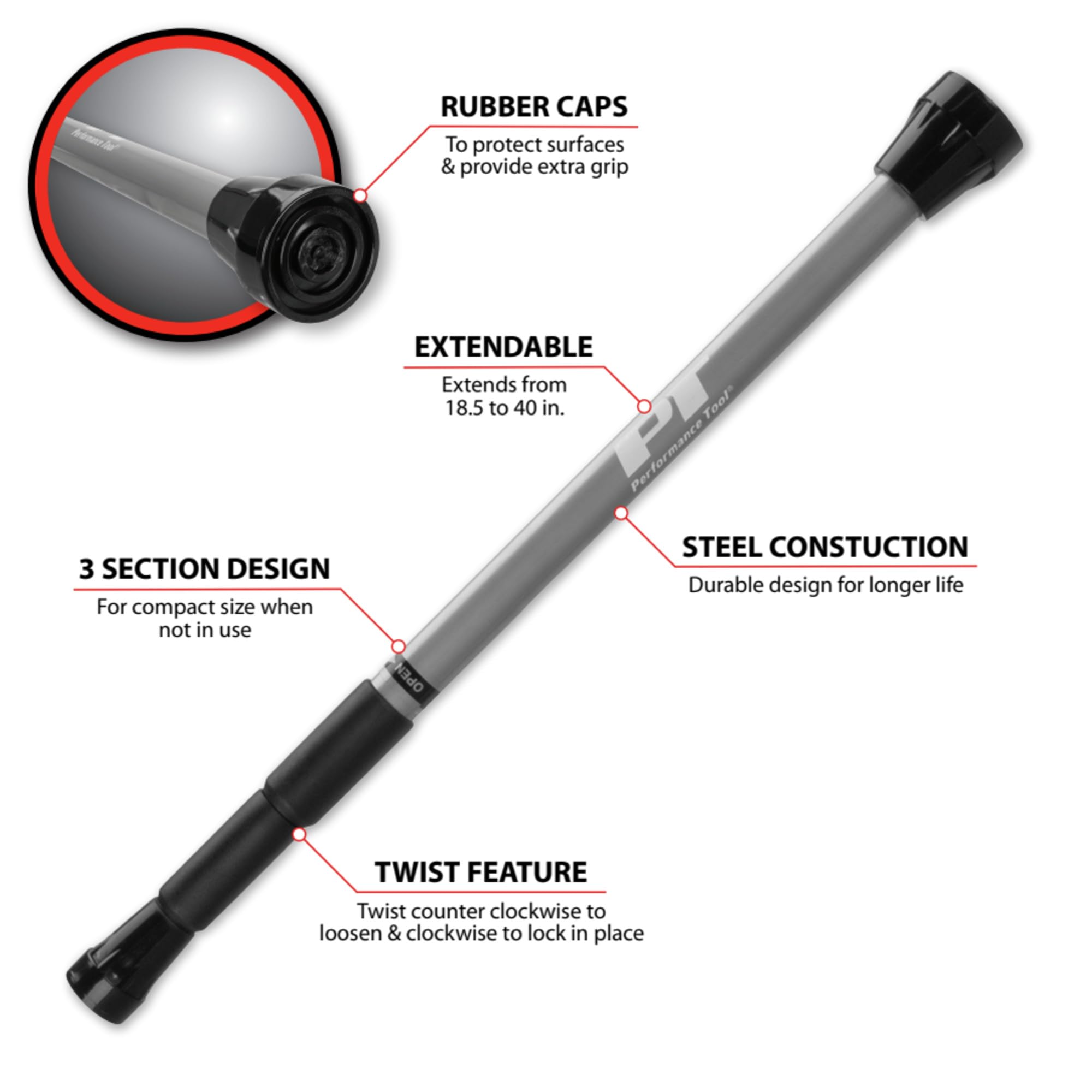 Telescoping Performance Tool W1475 Hood Prop Rod (18.5-Inch to 40-Inch)