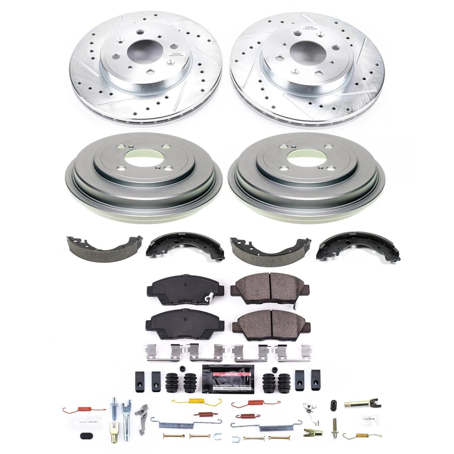 POWERSTOP Z23 Carbon-Fiber Ceramic Brake Pads and Drilled Slotted Rotors Brake Kit Front and Rear with Brake Shoes and Drums For Honda Fit 2015-2020 [Vehicle Specific]