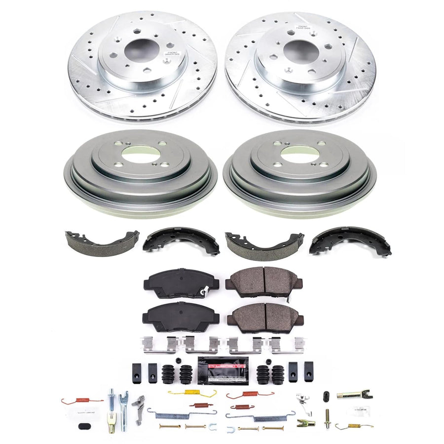 POWERSTOP Z23 Carbon-Fiber Ceramic Brake Pads and Drilled Slotted Rotors Brake Kit Front and Rear with Brake Shoes and Drums For Honda Fit 2015-2020 [Vehicle Specific]
