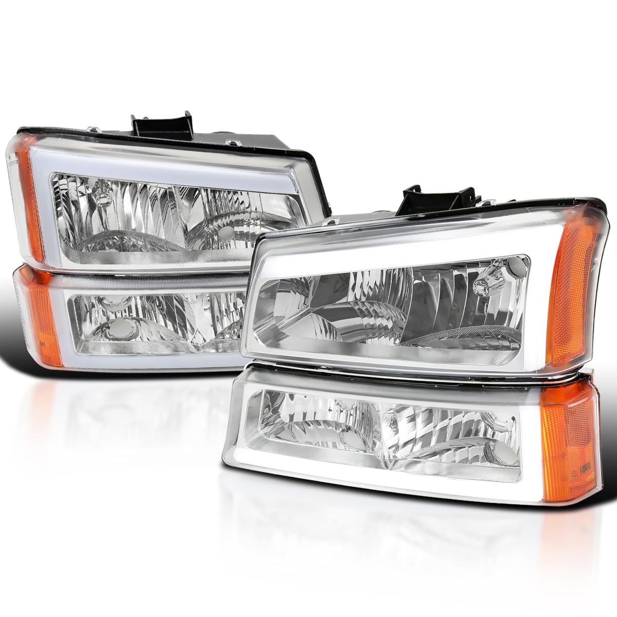 Chrome Headlights SPEC-D TUNING w/LED Light Bar Compatible with 2003-2007 Chevy Silverado 1500 2500 2002-2006 Avalanche, Left + Right Pair Headlamps Assembly
