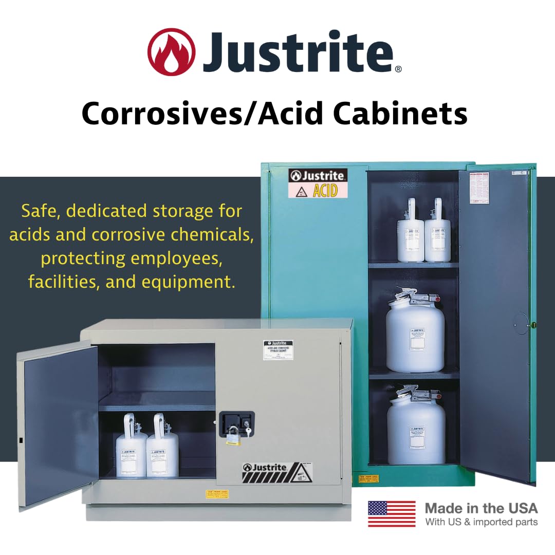 Justrite Storage Cabinet Acid Corrosive - 60 Gallon 2 Door Manual Close Chemical Cabinet with ChemCor® Coating - 34" x 65" x 34" - Made in The USA - Light Blue - 8960022