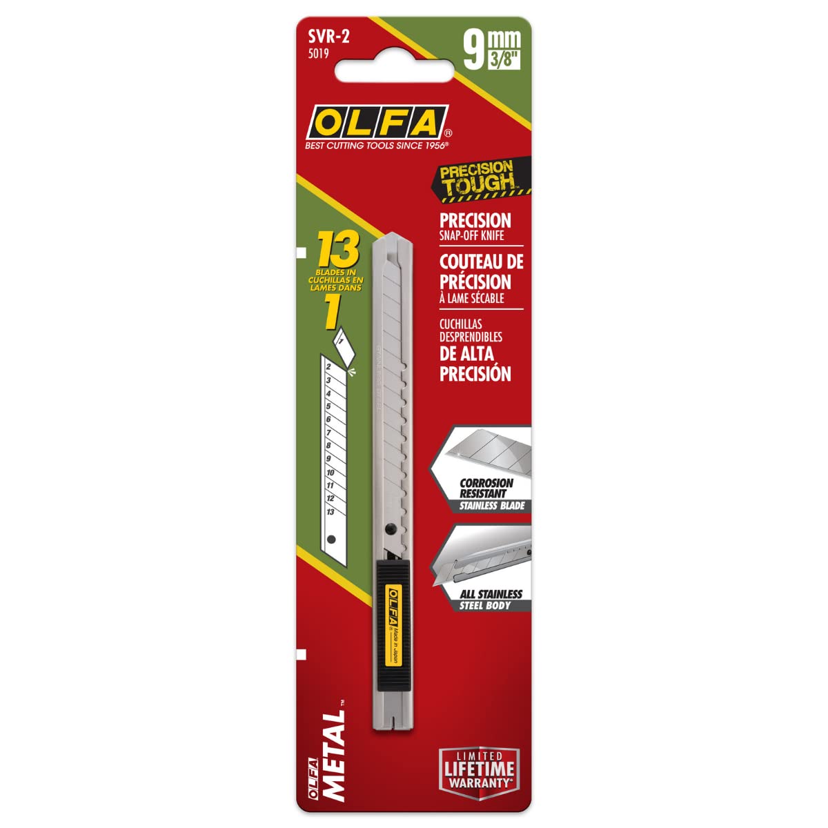 OLFA Stainless Steel 9mm Utility Knife (SVR-1) - Multi-Purpose Retractable Precision Knife w/Snap-Off Blade, Replacement Blades: Any OLFA 9mm Blade