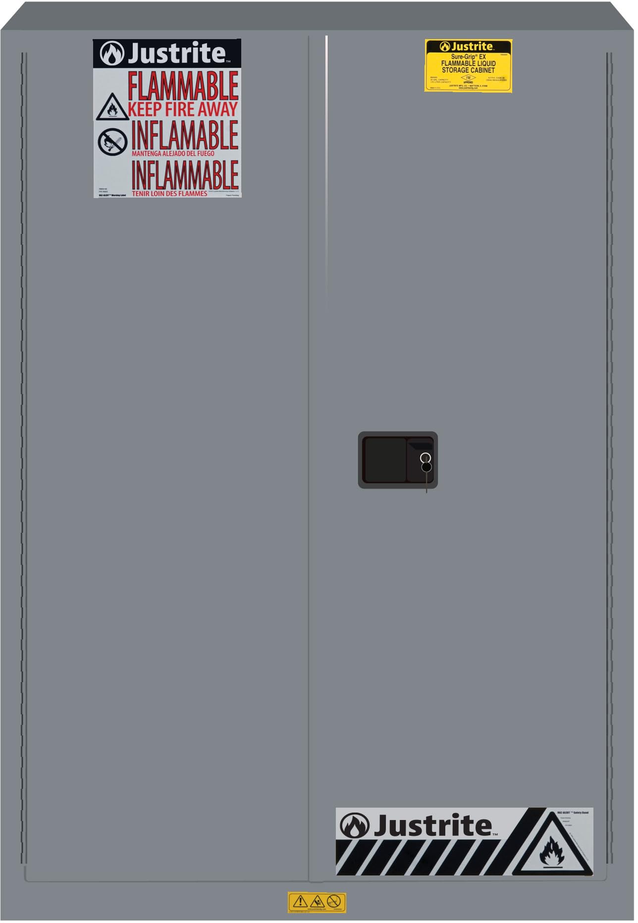 Justrite 45 Gallon Flammable Storage Cabinet Manual Close, 18 Gauge Steel, 2 Shelves, 2 Door Fire Cabinet, 65" x 43" x 18", Made in The USA, Gray, 894503