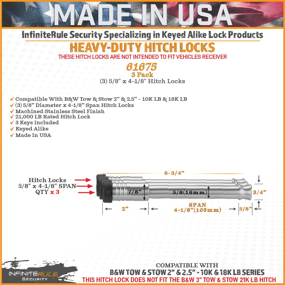 Security InfiniteRule 61675 | 3 Pack, Keyed Alike, Hitch Locks for B&W 2" & 2.5" Tow and Stow 10K LB & 18K LB - Fits Adjustable Ball Mount Only - Does NOT FIT Vehicle Receiver