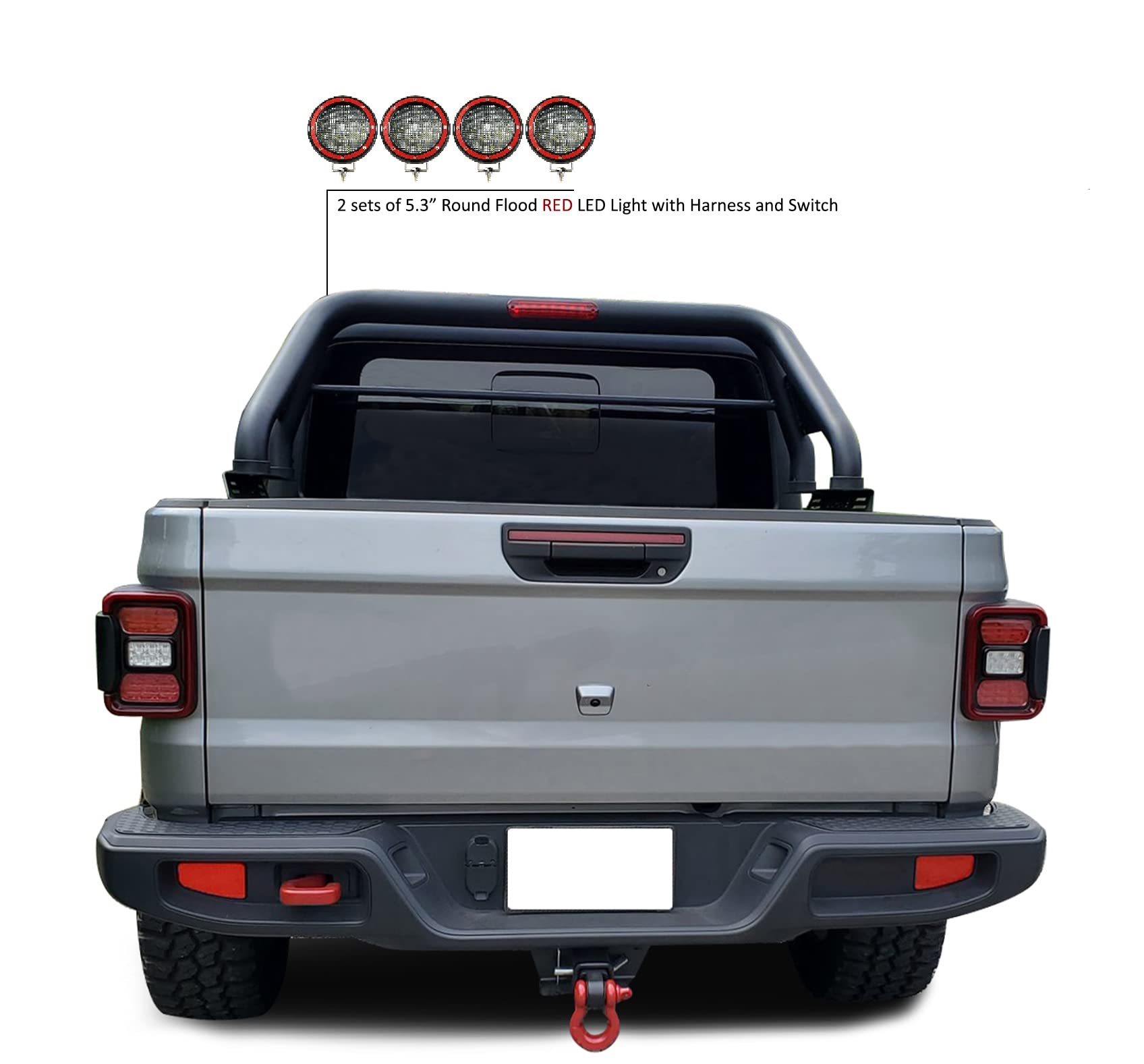 Classic Black Horse Roll Bar Incl. Set of 5.3" Dia.led Lights w/Red Trim Rings Compatible with 2020-2024 Jeep Gladiator-RB09BK-PLFR