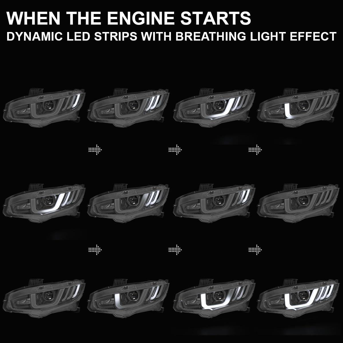 Black LED Tube Projector Headlights w/Switchback Sequential Signal SPEC-D TUNING Compatible with 2016-2021 Honda Civic Models with Factory Halogen Headlights Left + Right