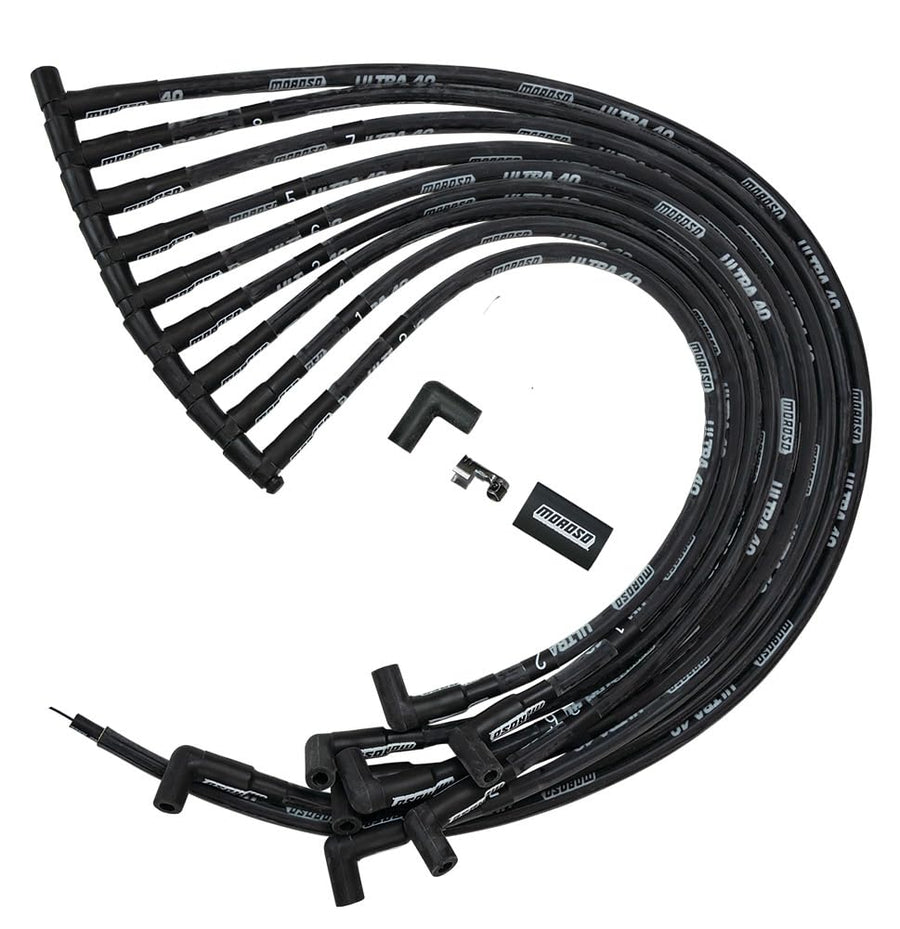Moroso Ultra 40 Spark Plug Wires 73843 in Black w/Black Sleeve, Fits Big Block Chevy Engine with Jesel Front Drive Distributor