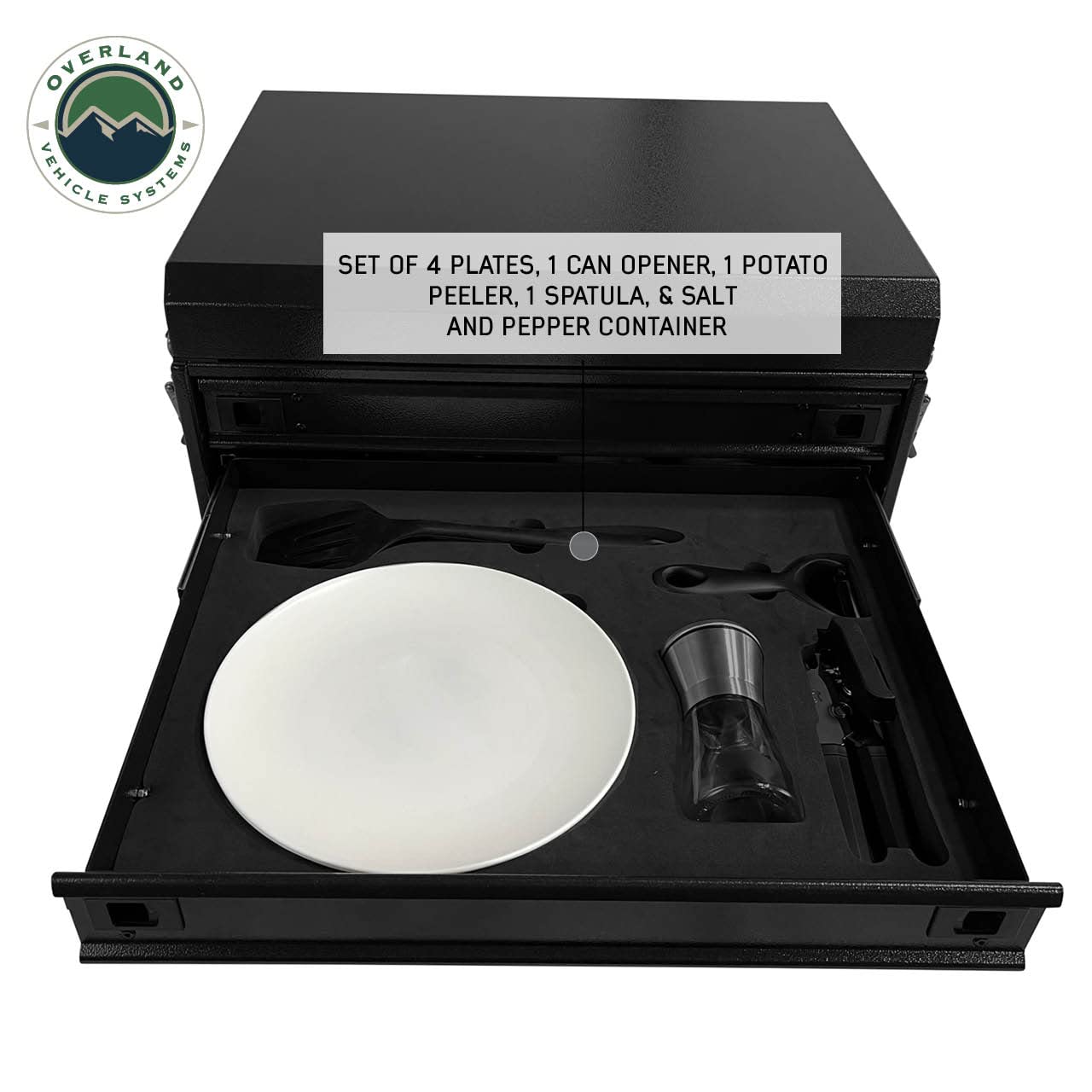 Ultimate Overland Vehicle Systems 39 Piece Utensil Set - Black Powder Coat Universal - 6061 Aircraft-Grade Aluminum Storage Box - Heavy Duty Grab Handles