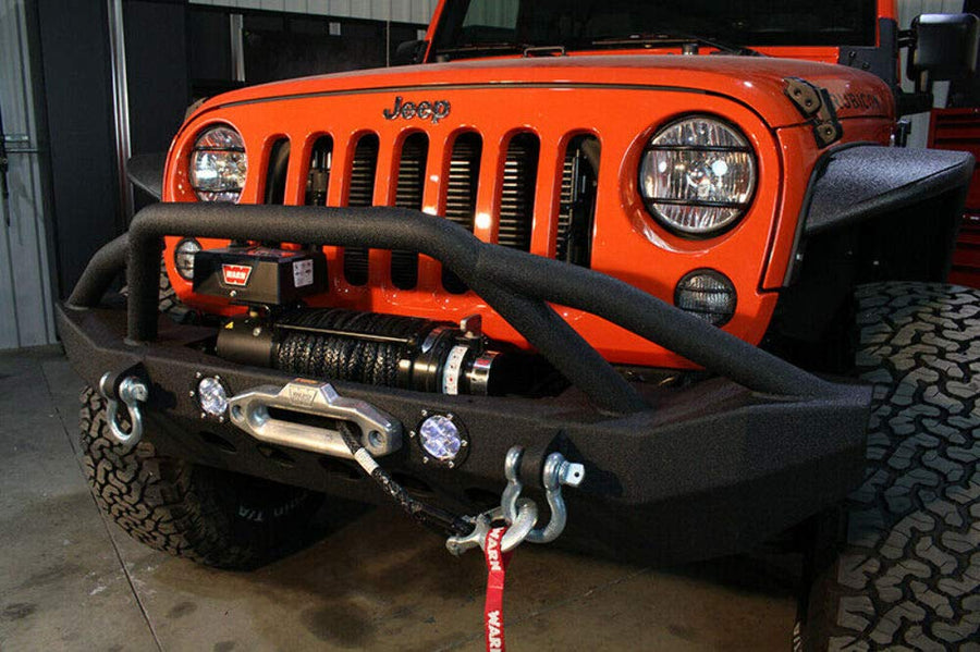Fishbone Offroad Jeep JK Full Width Winch Bumper W/LEDs Black Textured Powercoated 07-17 Wrangler JK