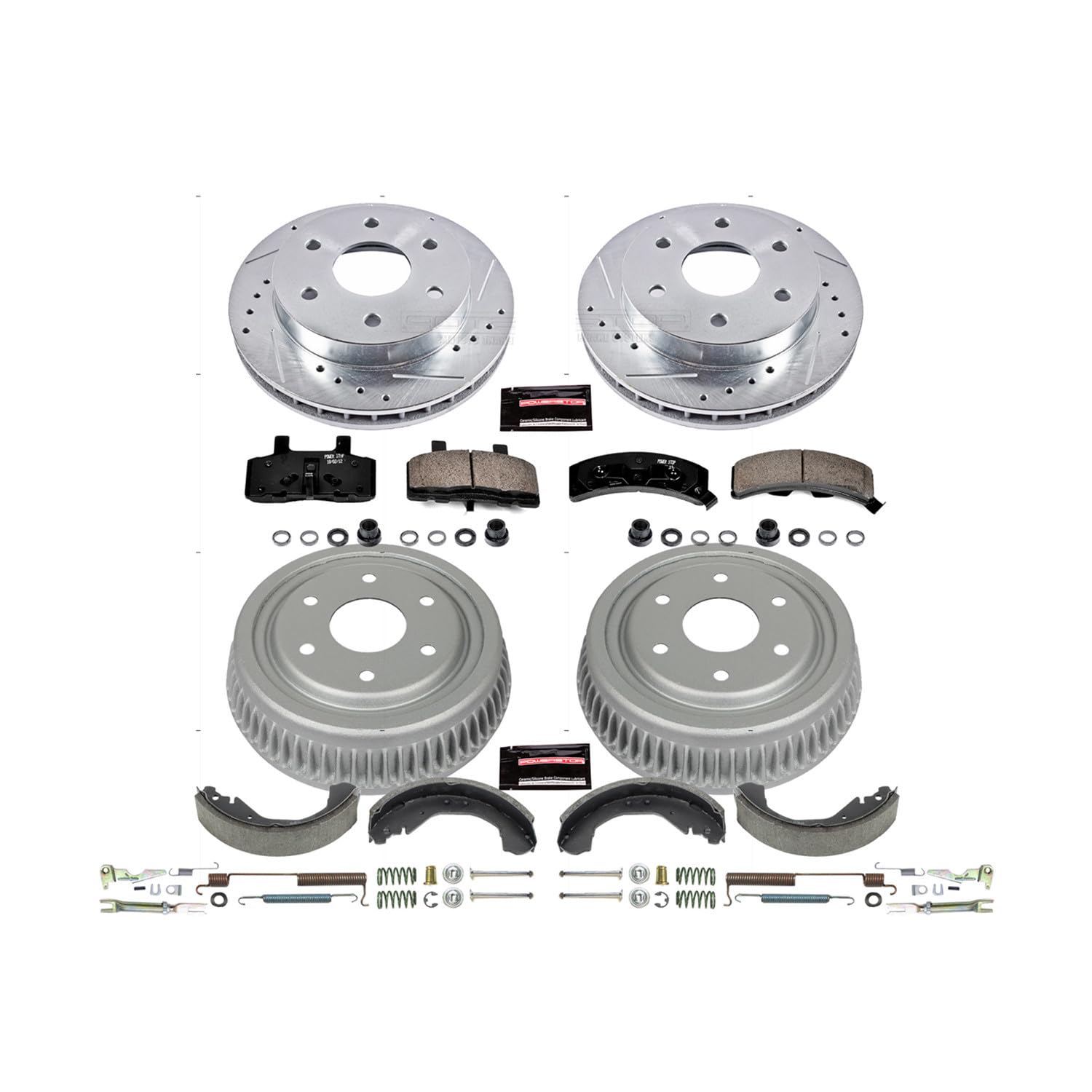 Power Stop K15136DK Z23 Carbon Fiber Brake Pads Front and Rear with Drilled & Slotted Brake Drums Kit For Chevrolet Blazer, Chevrolet K1500, Chevrolet Tahoe [Model Specific]