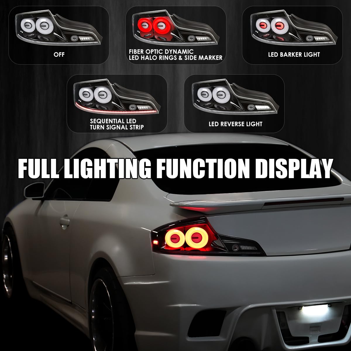 Full LED Tail Lights SPEC-D TUNING w/White Fiber Optic Halo Ring, Sequential Turn Signal, and Startup Animation Compatible with 2003-2007 Infiniti G35, Left + Right Pair Assembly
