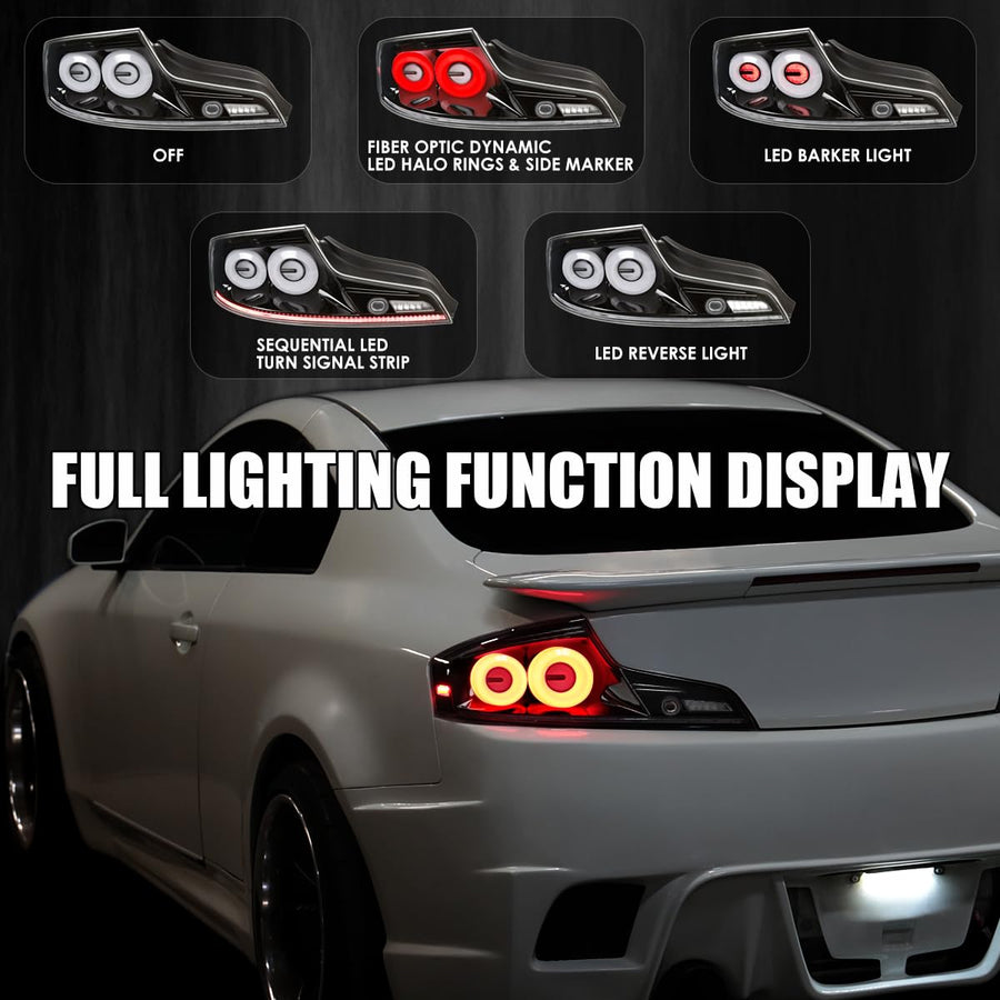 Full LED Tail Lights SPEC-D TUNING w/White Fiber Optic Halo Ring, Sequential Turn Signal, and Startup Animation Compatible with 2003-2007 Infiniti G35, Left + Right Pair Assembly