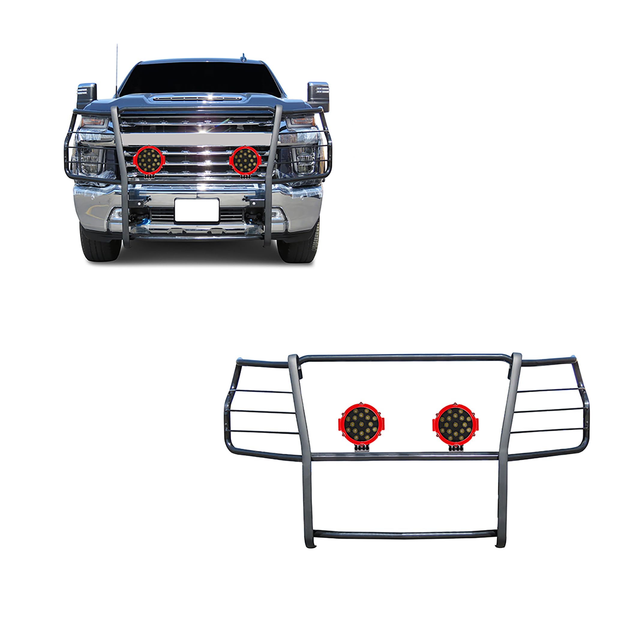 Black Horse Grille Brush Bumper Guard Black Modular Come with Pair of 7.0" Dia.LED Lights with Red Trim Rings Compatible with 2020-2024 Silverado 3500 HD|2020-2024 Silverado 2500 HD-17GT30MA-PLR
