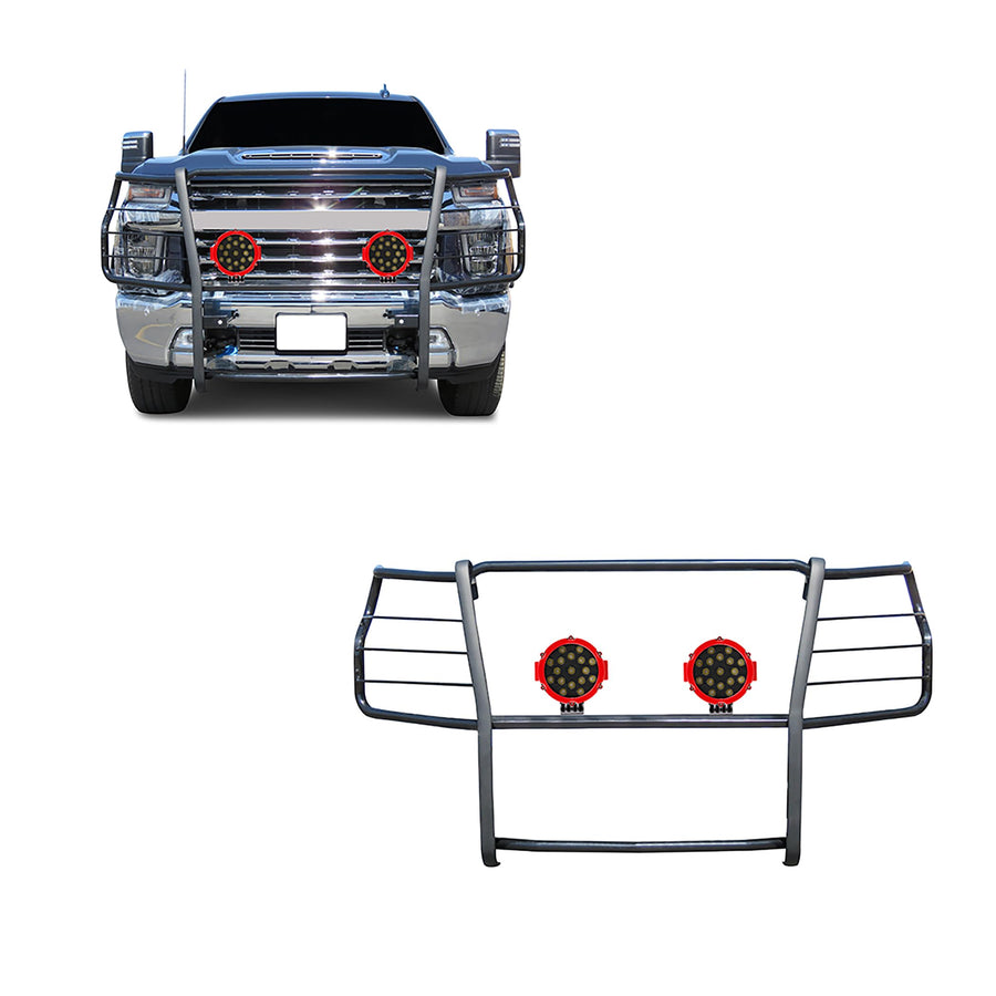 Black Horse Grille Brush Bumper Guard Black Modular Come with Pair of 7.0" Dia.LED Lights with Red Trim Rings Compatible with 2020-2024 Silverado 3500 HD|2020-2024 Silverado 2500 HD-17GT30MA-PLR
