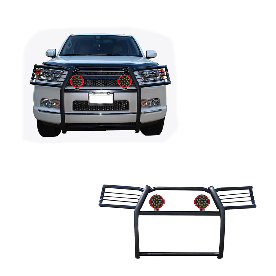 Bumper Guard Black Horse Grille Brush Modular Come with Pair of 7.0" Dia.LED Lights with Red Trim Rings Compatible with 2010-2024 Toyota 4Runner-17TU31MA-PLR