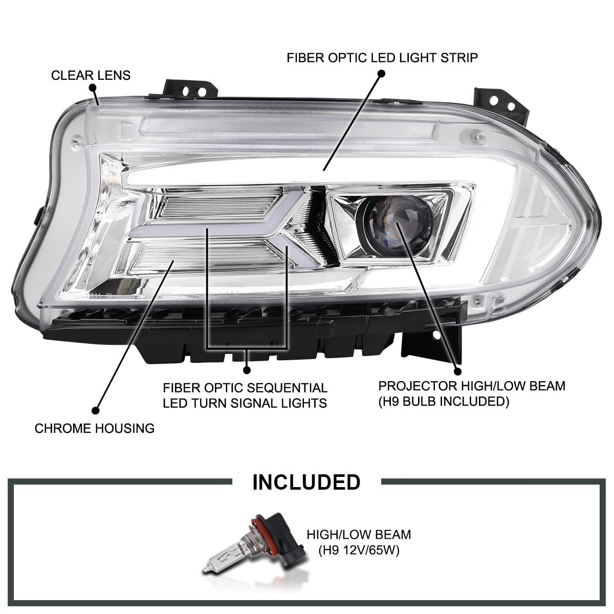 Chrome LED Projector Headlights w/Sequential Turn Signal SPEC-D TUNING Compatible with 2015-2023 Dodge Charger with factory halogen headlights