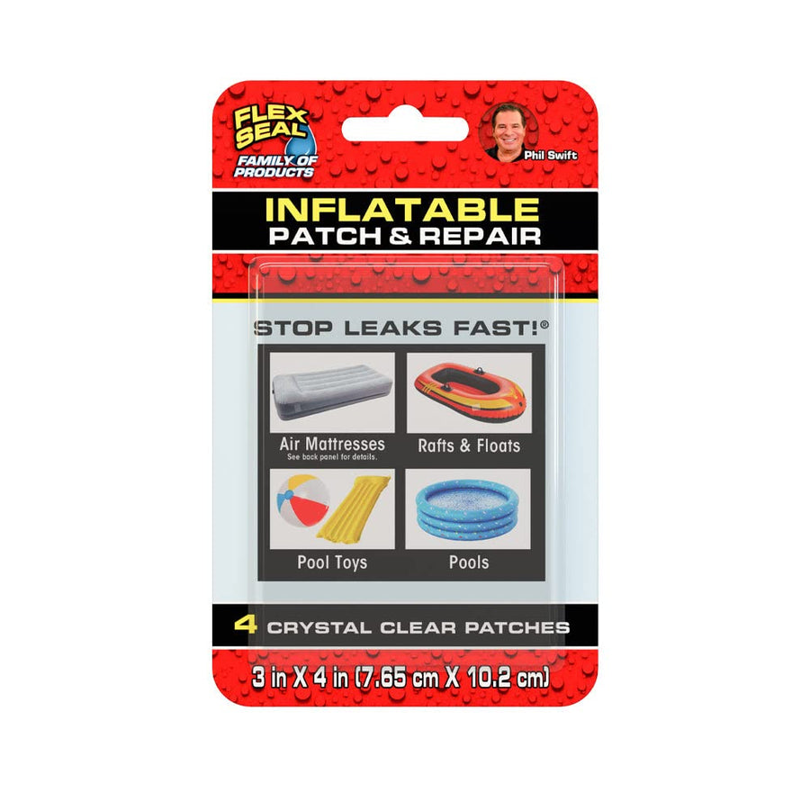 Inflatable Flex Seal Patch & Repair Kit, Use on Air Mattresses, Bounce Houses, Rafts and Floats, Pool Toys and Pools, Smooth PVC Plastic Surfaces - Kit Includes (4) Crystal Clear Patches