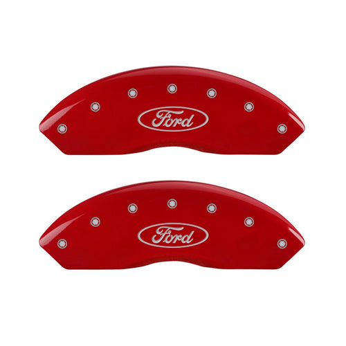 Ford Oval Logo Type MGP Caliper Covers 10231SFRDRD with Red Powder Coat Finish and Silver Characters, (Set of 4)
