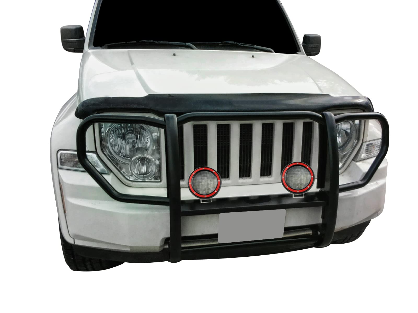 Grille Brush Black Horse Bumper Guard 1-Piece Black Come with Pair of 5.3" Dia.LED Lights with Red Trim Rings Compatible with 2008-2012 Jeep Liberty-17A086400A-PLFR
