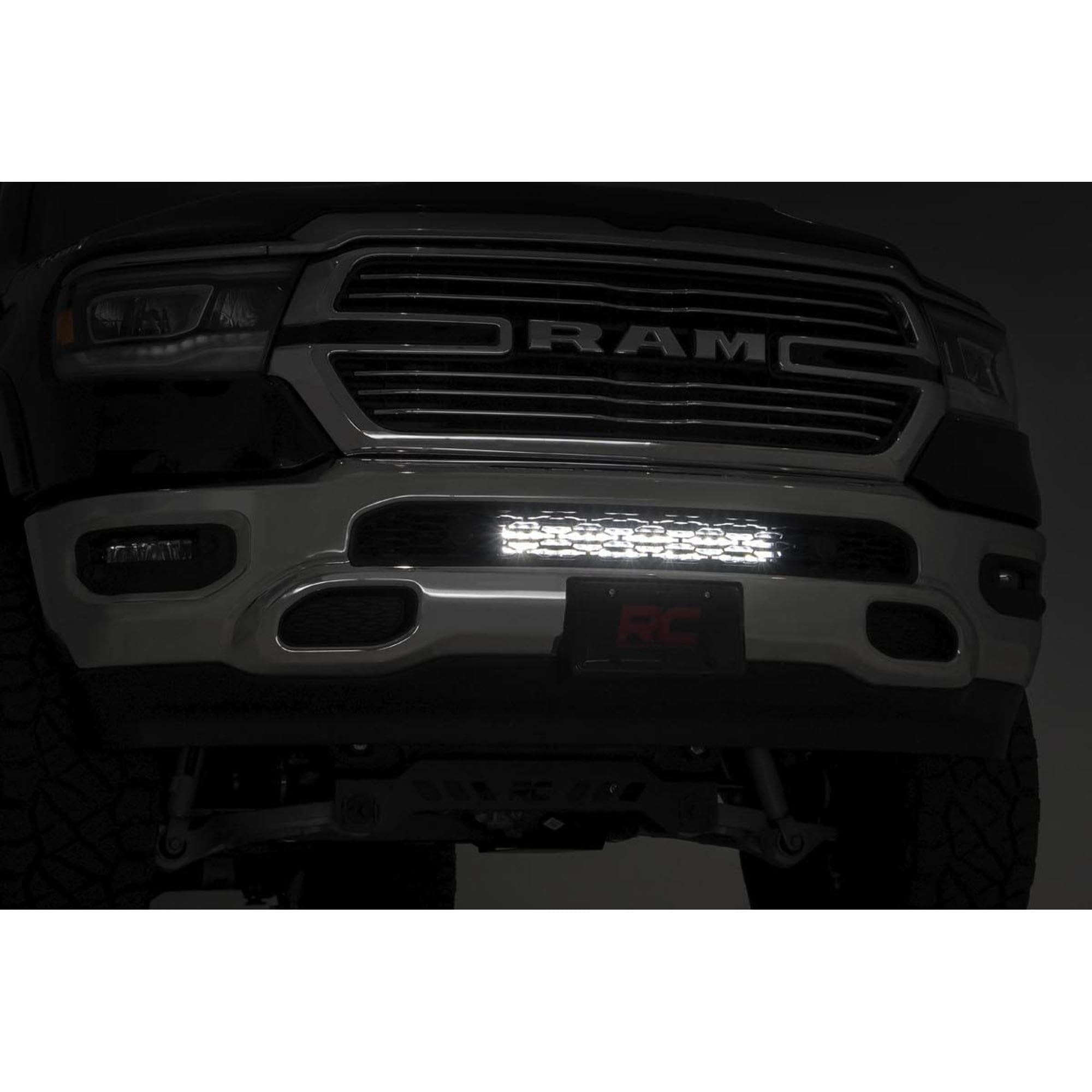 20" Rough Country Chrome Series DRL LED Light Bar Hidden Bumper Kit for Ram 1500 (2019-2024) with High Output 40x5W LED, Wiring Harness