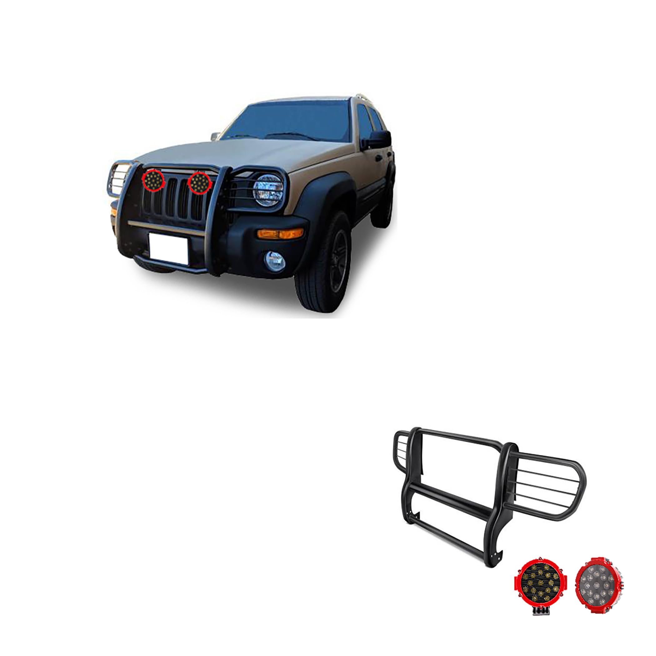Bumper Guard Modular Black Black Horse Grille brush Come With pair of 7.0"Dia.LED Lights with Red Trim Rings Compatible with 2002-2007 Jeep Liberty-17EH26MA-PLR