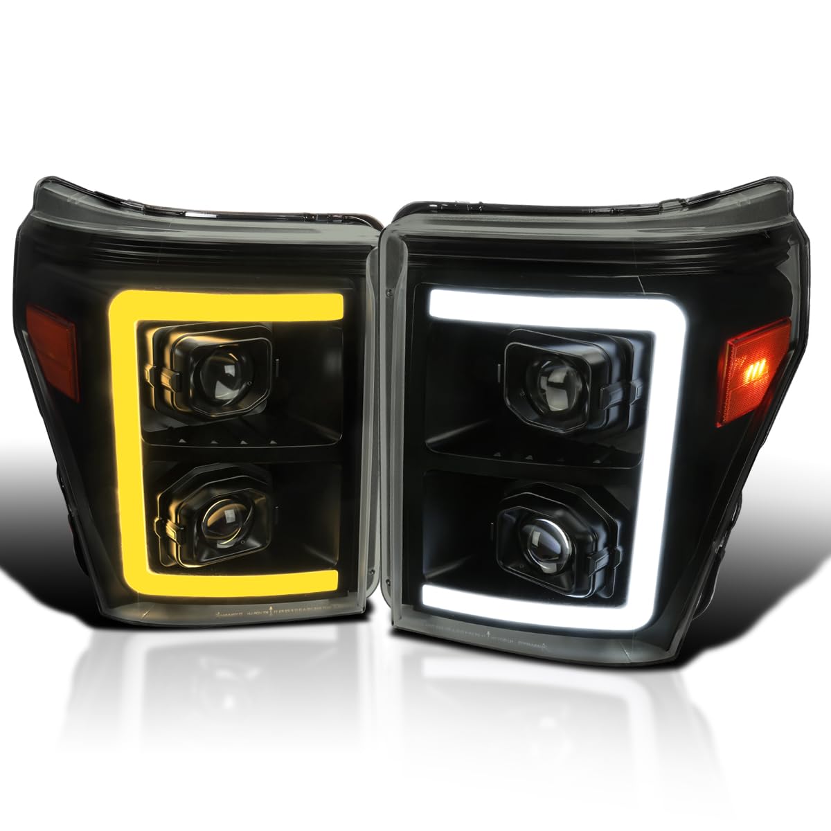 Black Smoke SPEC-D TUNING Projector Headlights w/Switchback Sequential LED Bar and Startup Animation Compatible with 2011-2016 Ford F250, F350, F450, F550 Super Duty, Left + Right Pair Headlamps