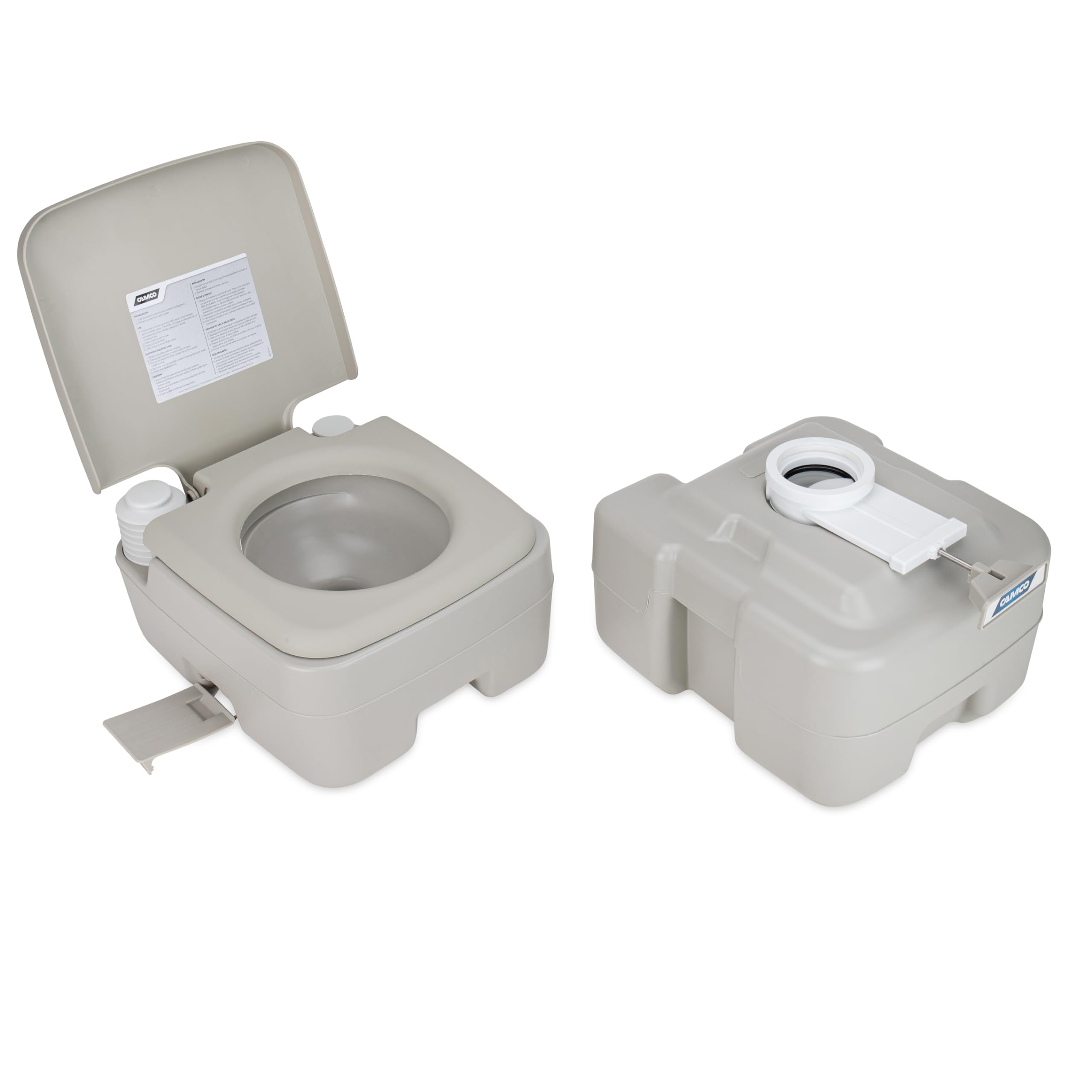 5.3-Gallon Camco Portable Toilet - Features Detachable Holding Tank w/Sealing Slide Valve & Bellow-Type Flush - Easy Transport w/Compact Lightweight Design & Carry Handle - Gray (41541)