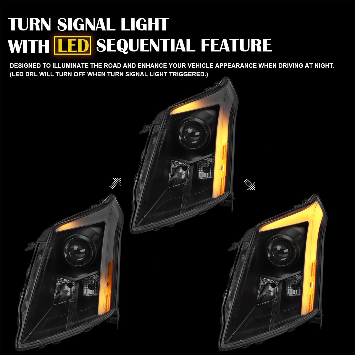 Switchback SPEC-D TUNING Black Sequential Projector Headlights w/LED DRL Light Bar and Startup Animation Compatible with 2010-2016 Cadillac SRX, Left + Right Head Lamps Assembly