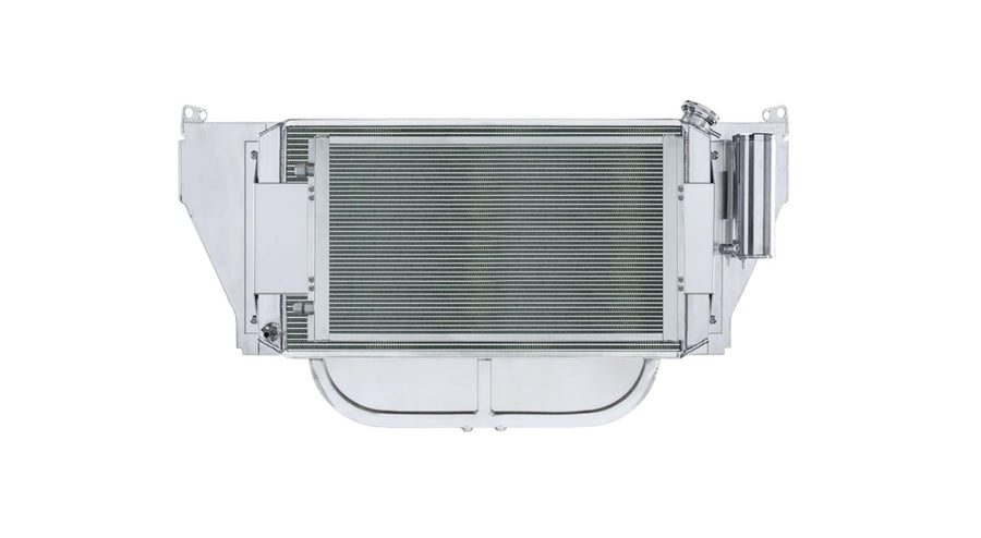Cold Case Radiator and Fan, Dual Fans, Passenger Side Inlet, Passenger Side Outlet, A/C Condenser/Radiator Support, Aluminum, Polished, GM LS-Series, Chevy Fullsize Car 1957, Kit