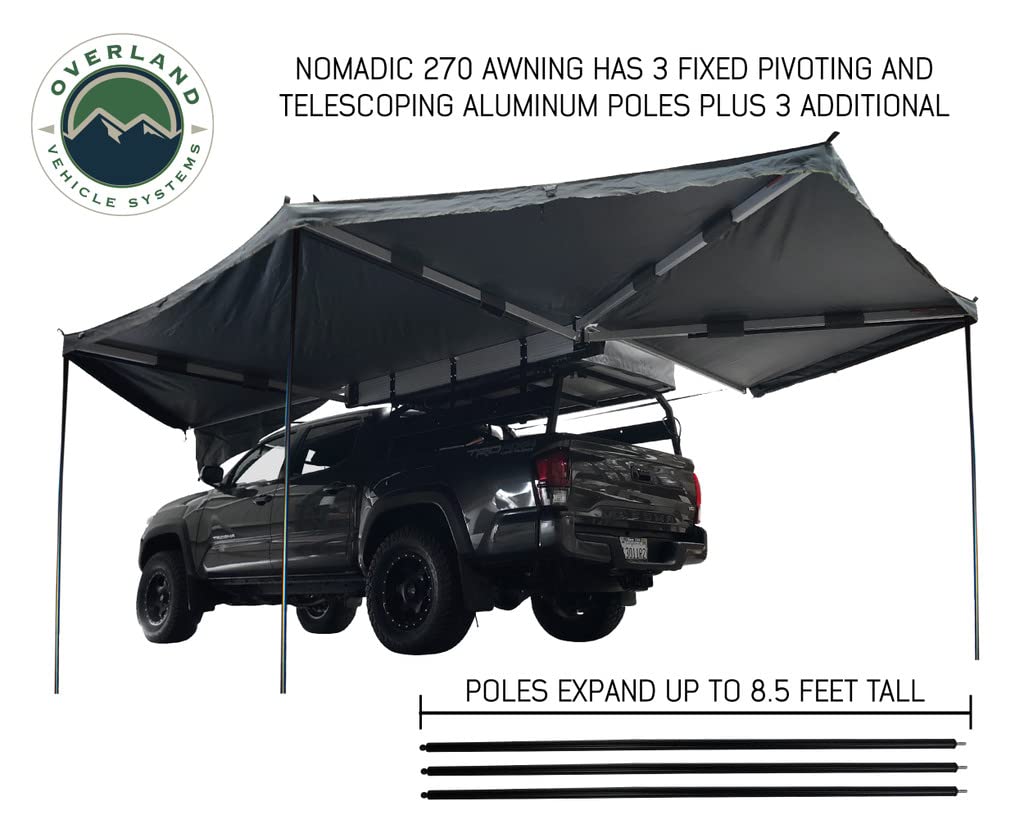 Overland Vehicle Systems Nomadic HD Awning 270 Driver Side - Dark Gray Cover with 1000G PVC Black Travel Cover Universal Fitment - Mounting Brackets Included