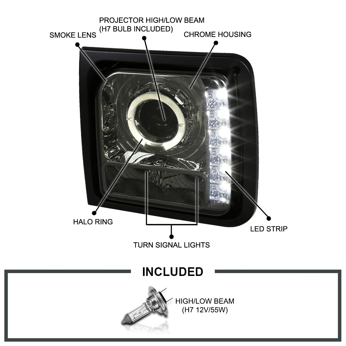 Smoke Projector Headlights W/LED SPEC-D TUNING Compatible with 1997-2001 Jeep Cherokee, Left + Right Pair Headlamps Assembly