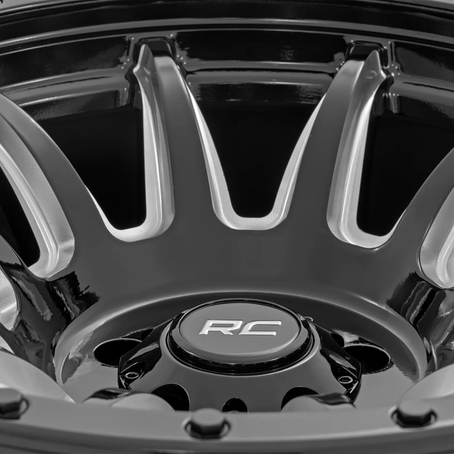 90 Series Rough Country 18x9 Wheel - 6x5.5" Bolt Pattern, 12mm Offset, One Piece Aluminum Rim, Gloss Black Finish with Machined 12-Spoke Design for Trucks, Jeeps, Off-Road