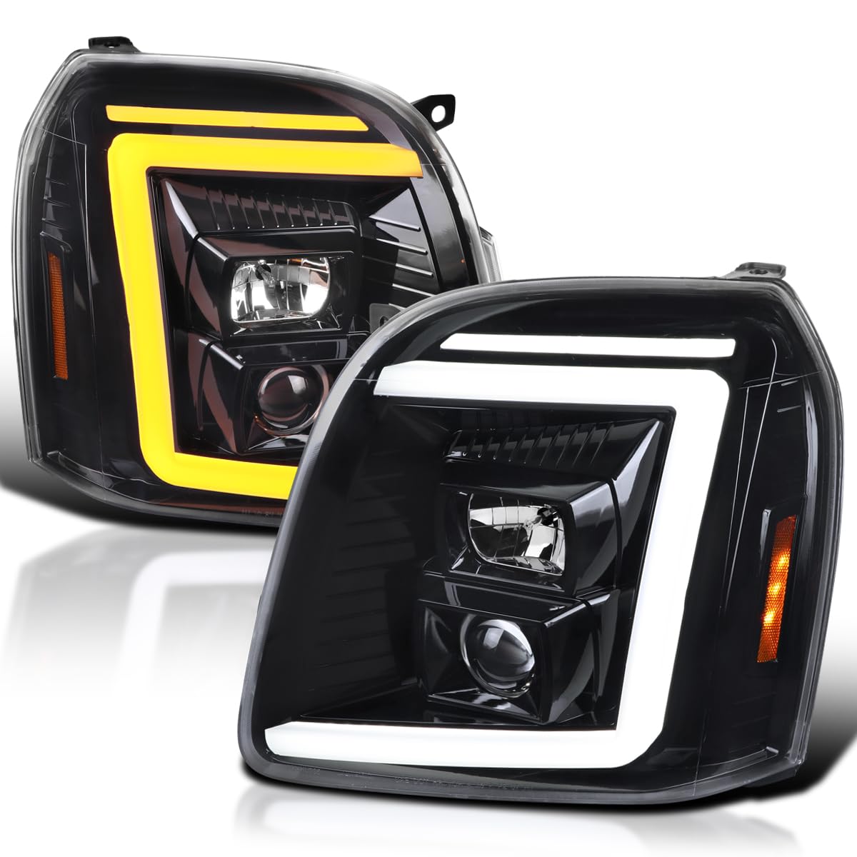 Jet Black SPEC-D TUNING Sequential LED Signal Tube Projector Headlights Compatible with 2007-2014 GMC Yukon/Yukon XL Denali 1500 2500, Left + Right Pair Headlamps Assembly