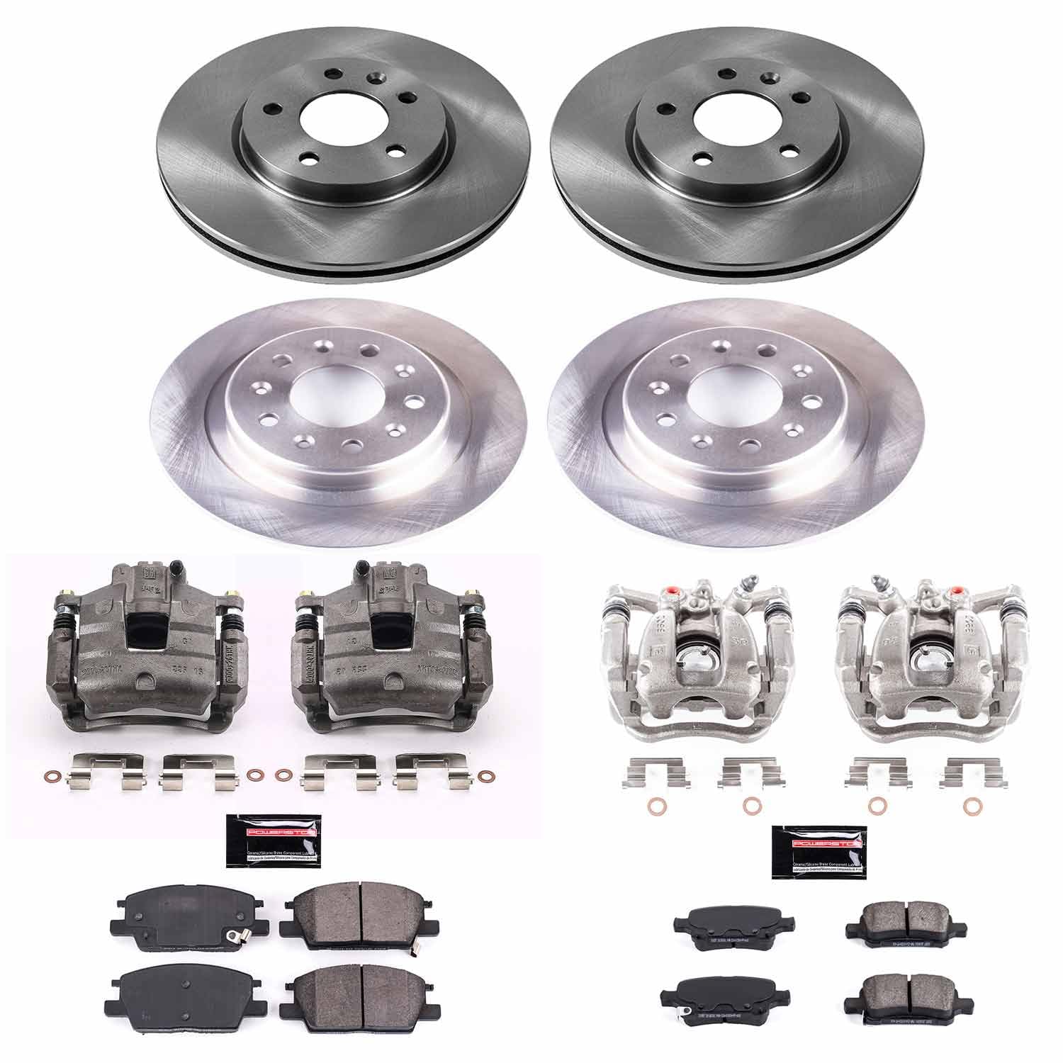 Power Stop KCOE7566 Replacement Autospecailty Front and Rear Caliper Kit-Rotors, Ceramic Brake Pads, Calipers For Buick LaCrosse, Buick Regal Sportb, Chevrolet Malibu, GMC Terrain [Model Specific]