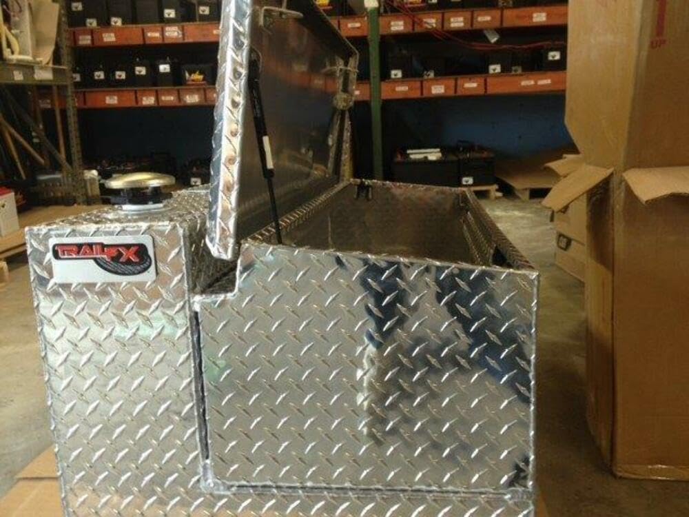 TrailFX Liquid Transfer Tank and Truck Utility Chest Combo, 75 Gallon Diesel/Water Diamond Plate Aluminum 27" L 48" W 24" H Tank 7.5 Cubic Foot 18" L 48" W 15" H Tool Chest Lockable Cap