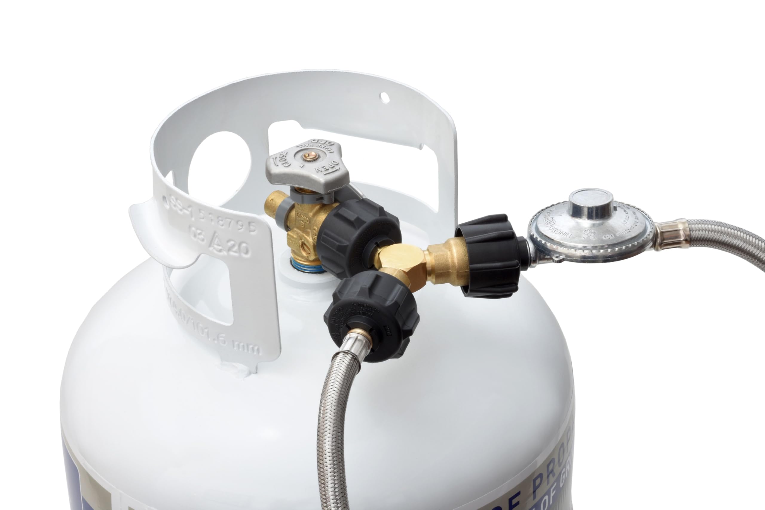 Propane Tank Flame King Y Splitter Adapter with Valves, 2-Way LP Gas Connector for 20lb Propane Tank Cylinders, Works with BBQ Grills, Camping Stoves, Gas Burners, Heaters