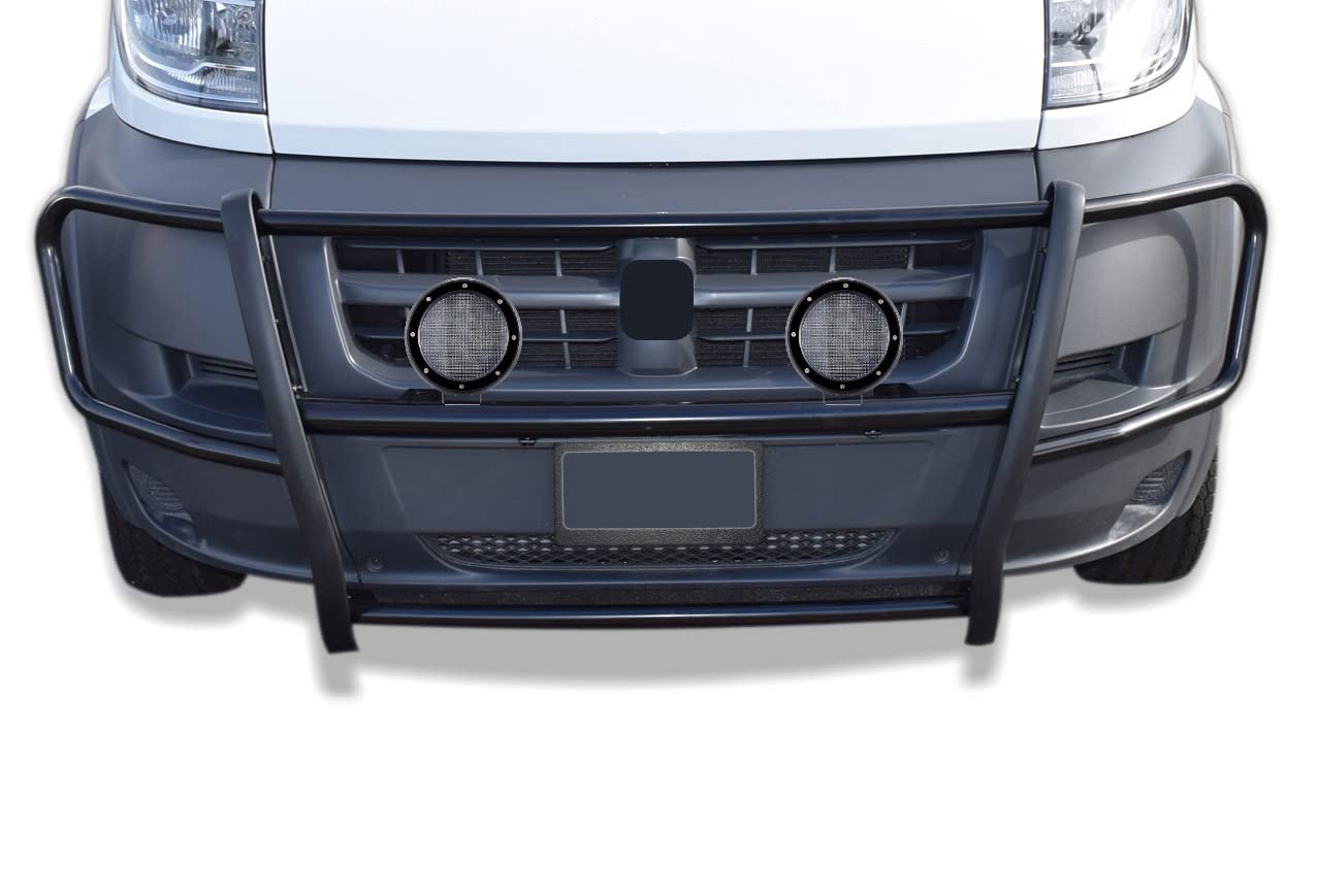 Spartan Black Horse Grille Brush Bumper Guard Modular Come with Pair of 5.3" LED Lights with Black Trim Rings Compatible with 2014-2022 Ram Promaster 1500/2500/3500-17DOPRMA-PLFB