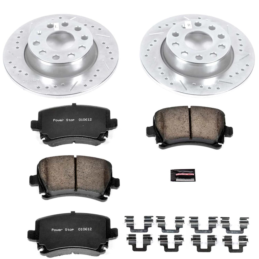Power Stop K5666 Rear Brake Pads Z23 Carbon Fiber with Drilled & Slotted Brake Rotors Kit For Volkswagen Golf 2010 [Model Specific]