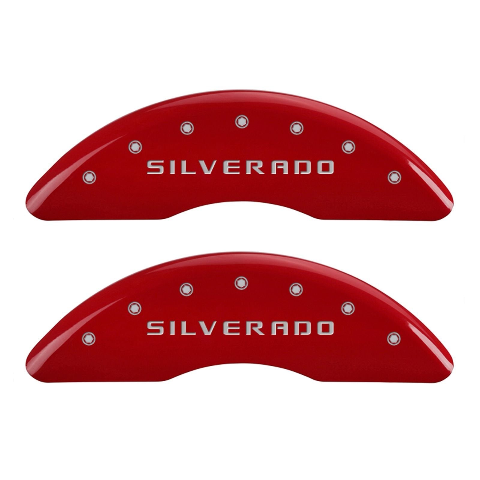 MGP Caliper Covers 'SILVERADO' 14173SSILRD Engraved Caliper Cover with Red Powder Coat Finish and Silver Characters, (Set of 4)