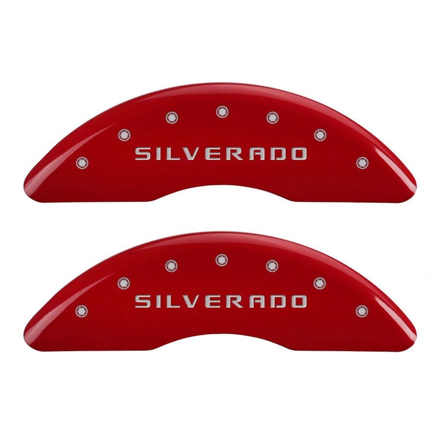 MGP Caliper Covers 'SILVERADO' 14173SSILRD Engraved Caliper Cover with Red Powder Coat Finish and Silver Characters, (Set of 4)