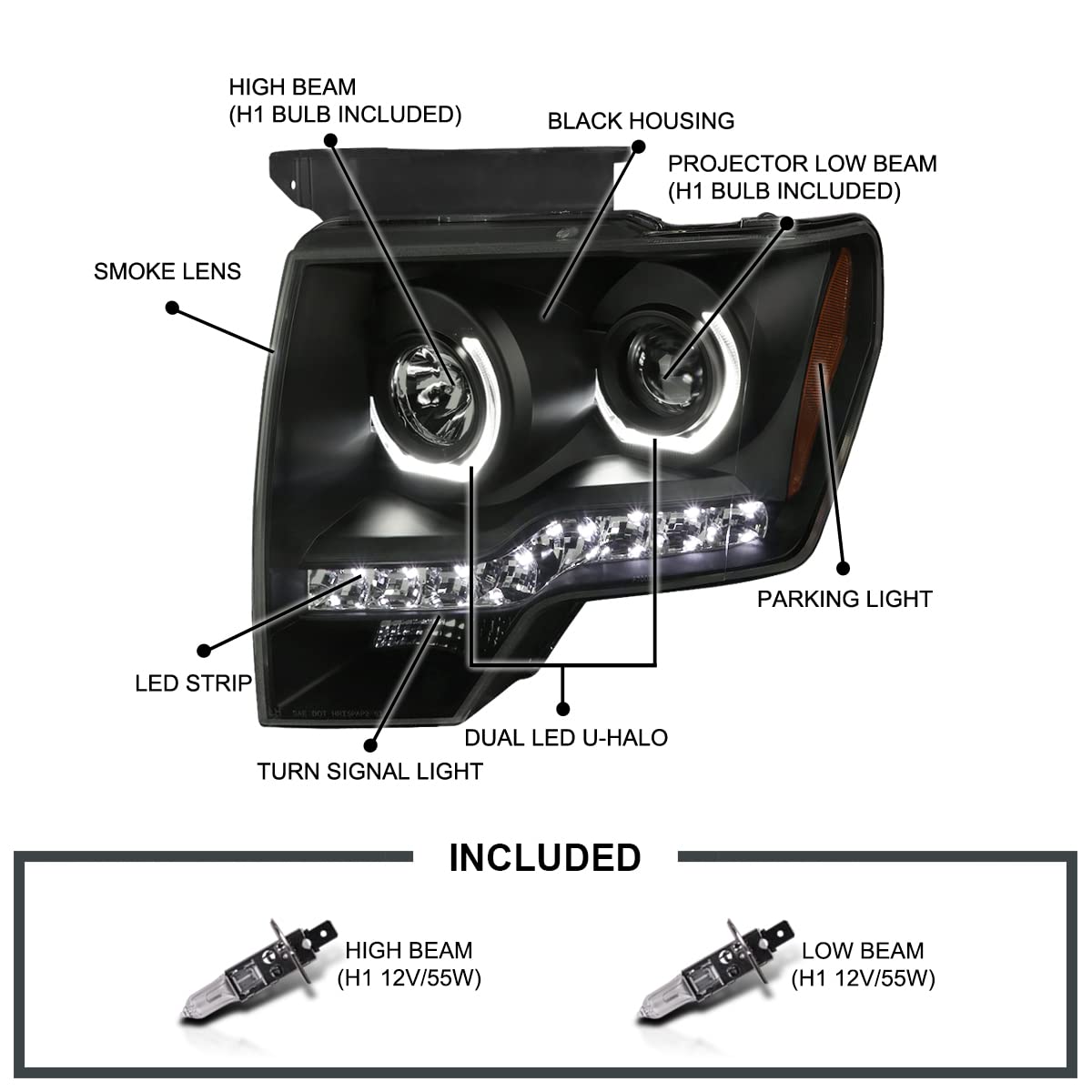 Black Smoke LED Dual U-Halo Rims Projector Headlights Lamps SPEC-D TUNING Compatible with 2009-2014 Ford F150, Left + Right Pair Headlamps Assembly