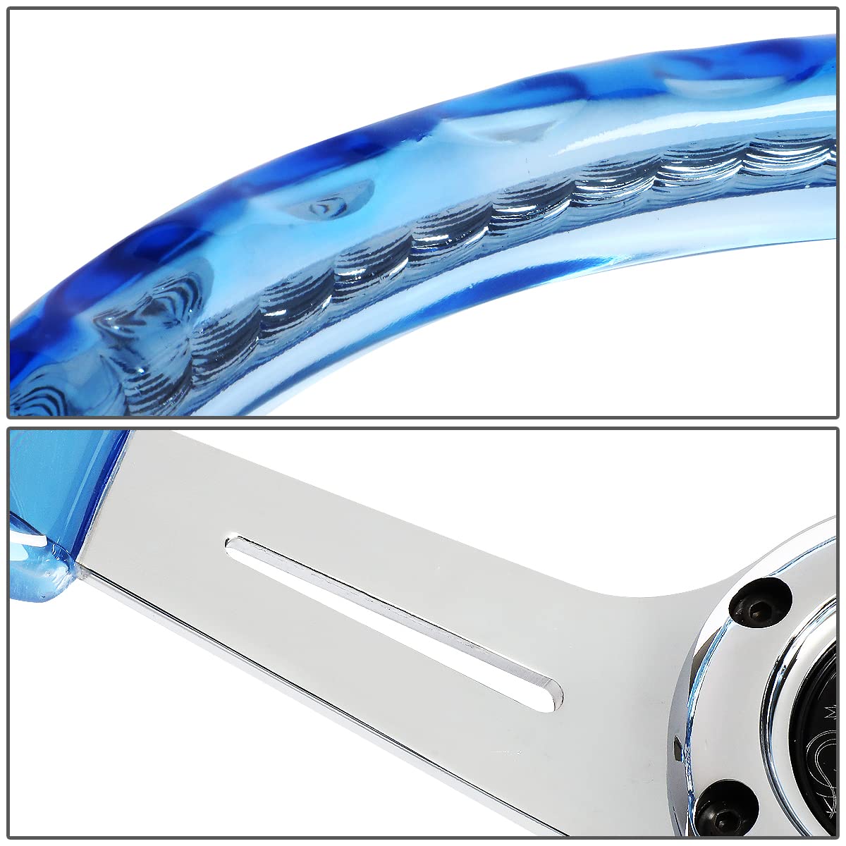 NRG Innovations Reinforced Steering Wheel NRG-RST-027CH-BL 350mm 2" Deep Dish Clear Acrylic Steering Wheel in Blue and Chrome Spoke Finish with Slits