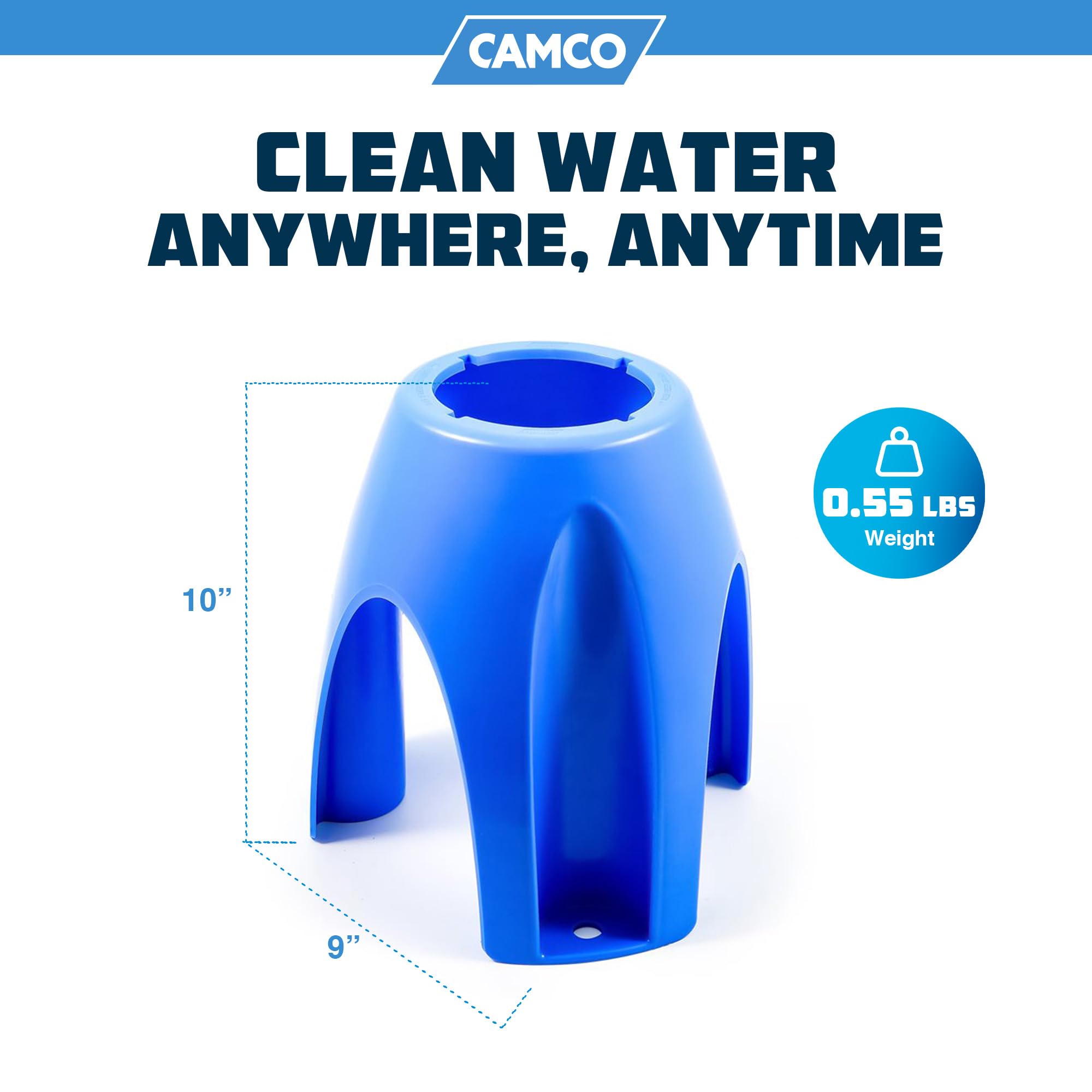 Camco - 21018 Water Filter Stand Universal Fit Plastic - Supports Water Filter in Upright Position to Reduce Hose Kinking and Maximize Water Flow Rate, Fits 4-Inch Filters - 40775, Blue