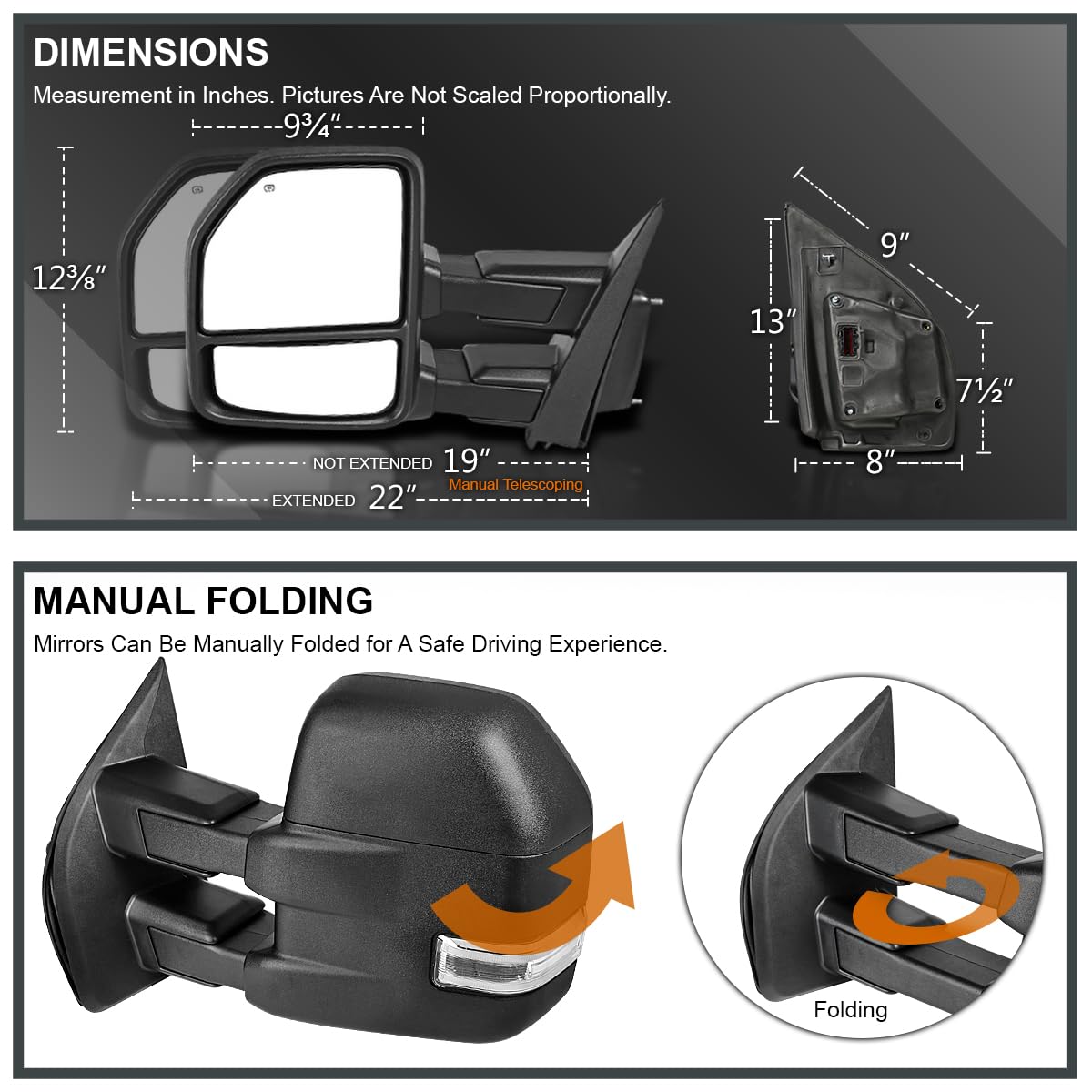 Spec-D Tuning Sequential Power Heated LED Signal Tow Mirrors Compatible with 2015-2020 Ford F150 Left + Right Pair 8Pin & 22Pin