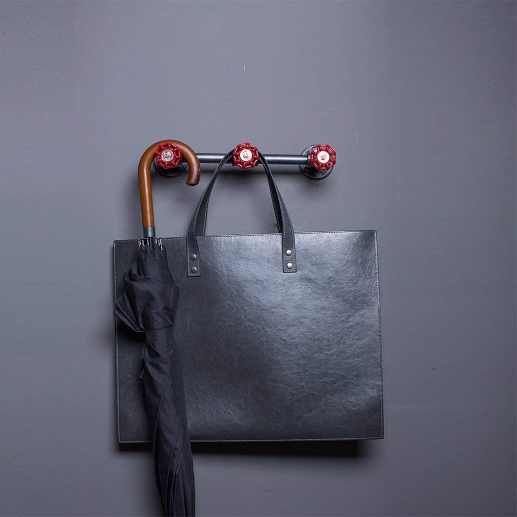 YIMJ Industrial Style Coat Rack Wall Mounted Water Pipe Hanger with 3 Red Valve Button Clothes Rack Hanging Cloth Bar