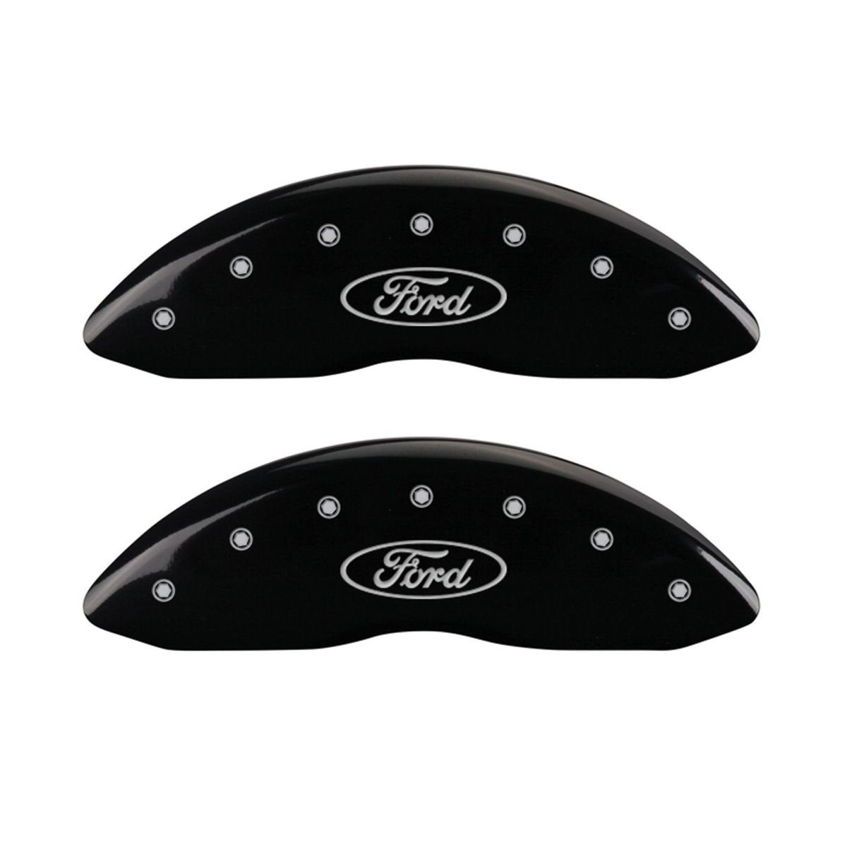 SET OF 4 CALIPER COVERS, OVAL LOGO/FORD, FRONT AND REAR, BLACK, SILVER CHARACTERS