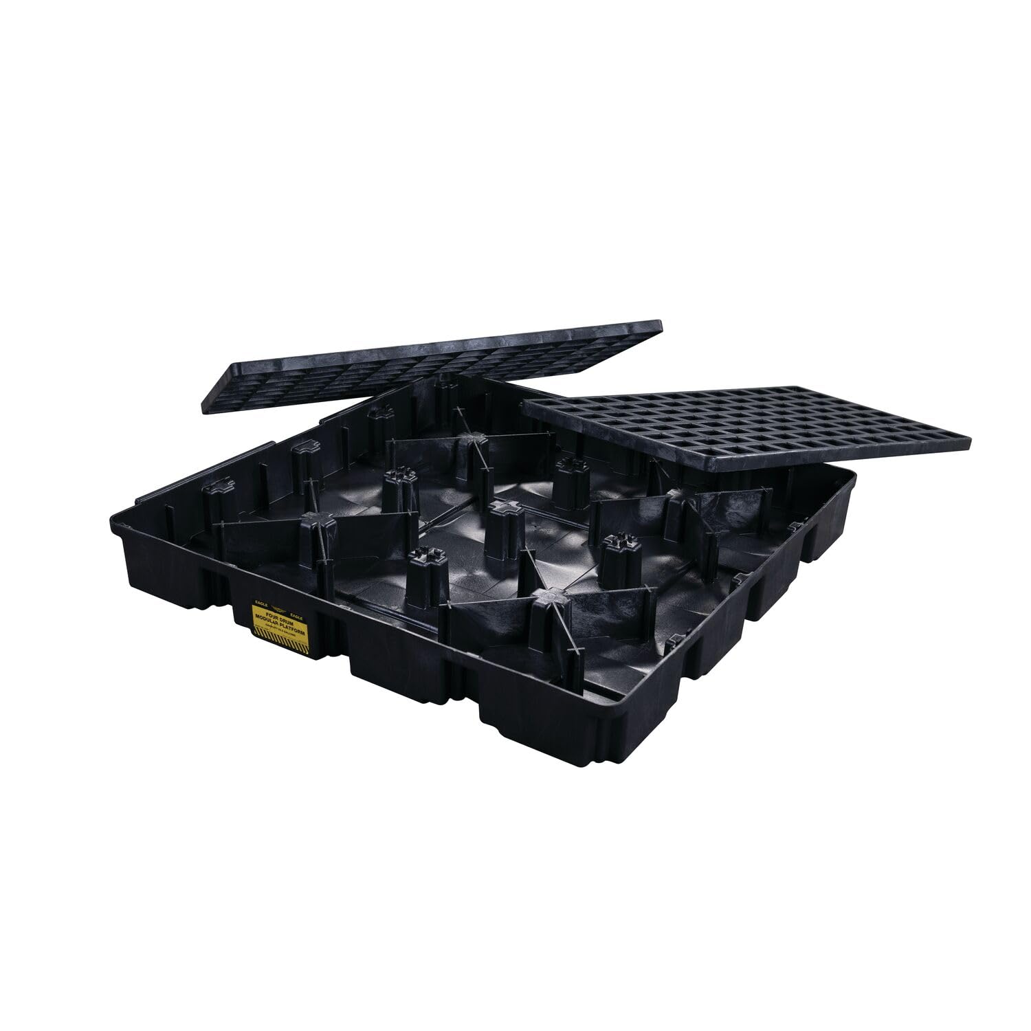 4 Drum Spill Platform Eagle Square with Drain and Forklift Pockets, 51.5"x51.5"x6.5", 60.5 Gallon Sump, 10,000 lbs. Load Capacity Containment Tray, Made in USA, Black, 1635BD