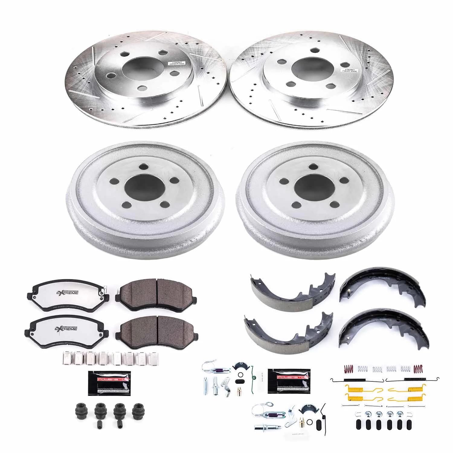 Power Stop Brake Kit Front and Rear For 2002 Jeep Liberty - Truck & Tow Carbon Fiber Ceramic Pads, Drums, & Drilled and Slotted Rotors Replacement, K15216DK-36
